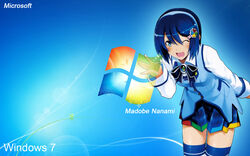  7 7-tan anthropomorphization blue_eyes blue_hair funny_face madobe_nanami megane microsoft school_uniform short_hair smile wallpaper windows windows_7 