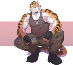  2018 anthro benki_wars biceps bozi cigar clothed clothing digital_media_(artwork) dog_tags facial_hair felid fingerless_gloves fur gloves goatee handwear hi_res jewelry lieutenant_trouser male mammal muscular muscular_anthro muscular_male necklace pantherine pecs scar shirt smile smoke solo stripes tank_top tiger topwear 