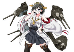  adjusting_eyewear angeldust black_eyes black_hair black_skirt commentary_request contrapposto detached_sleeves female hand_on_own_hip kantai_collection kirishima_(kancolle) no_legwear nontraditional_miko off_shoulder rigging semi-rimless_eyewear short_hair skirt smirk solo thighhighs turret under-rim_eyewear white_background wide_sleeves 