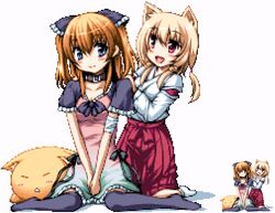  2girls :d animal_ears bandaged_arm bandages bell belt_collar between_legs black_bow black_legwear black_ribbon blonde_hair blue_eyes blush borrowed_character bow breasts cat_ears chiriko_(atlanta) cleavage closed_eyes closed_mouth collar collarbone commentary_request dress eyes_visible_through_hair feline fox_ears frilled_bow frilled_sleeves frills full_body gradient_clothes gradient_dress hair_bell hair_between_eyes hair_ornament hairbow hakama hakama_skirt hand_between_legs hand_in_another&#039;s_hair japanese_clothes kneeling legs long_hair long_sleeves looking_at_another medium_breasts miko multicolored_clothes multicolored_dress multiple_girls nekojirou no_shoes nori_tamago oerba_yun_fang open_mouth orange_hair original own_hands_together pixel_art red_eyes red_hakama ribbon shadow short_sleeves sidelocks simple_background sitting skirt sleeping smile socks ten&#039;inkou_korin thighhighs triangle_mouth two_side_up v-neck v_arms wariza white_background white_legwear zoom_layer 