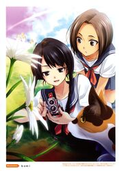  2girls animal bent_over black_eyes black_hair bomi braid brown_eyes brown_hair bug camera feline flower ladybug lying on_side open_mouth plant school_uniform serafuku tlr tlr_camera twin_braids 