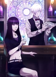  1boy bad_id bad_pixiv_id bar_(place) belt black_hair blue_eyes bottle bow bowtie cocktail_glass cocktail_shaker crop_top cropped_shirt cup death_parade decim_(death_parade) drinking_glass female hair_over_one_eye highres jewelry kankei_(asw9510) kurokami_no_onna lips long_hair midriff miniskirt navel necklace pendant purple_eyes sitting skirt stained_glass white_hair wine_bottle 