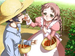  2girls basket berries berry black_hair blush brown_hair closed_eyes earrings farm feeding field green_eyes happy hat long_hair open_mouth short_hair skirt smile straw_hat strawberries strawberry tagme yuri 