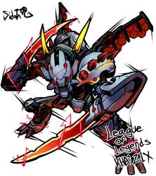  android artist_name character_name commentary_request copyright_name glowing glowing_eyes kha&#039;zix league_of_legends looking_at_viewer mechanical no_humans red_eyes sido_(slipknot) simple_background solo white_background 