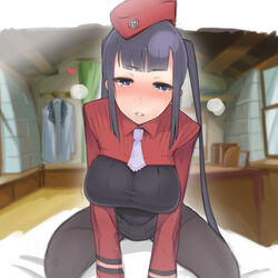  black_eyes black_hair blush breasts commentary_request female garrison_cap hat large_breasts long_hair megane_chuu pantyhose pov sidelocks sitting solo straddling summon_night summon_night_5 twintails v_arms yeng-hua 