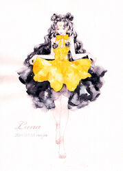  artist_name bare_legs barefoot bishoujo_senshi_sailor_moon black_hair bow bowtie character_name closed_eyes clothes_grab commentary_request crescent crescent_earrings crescent_facial_mark crescent_necklace dated double_bun dress earrings facial_mark female flower forehead_mark full_body hair_bun jewelry light_smile long_hair luna_(sailor_moon) luna_(sailor_moon)_(human) miya_(akatabi_dante) necklace painting_(medium) parted_bangs ribbon rose smile solo tattoo traditional_media very_long_hair walking watercolor_(medium) yellow_bow yellow_dress yellow_ribbon 