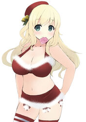  atago_(kancolle) bell beret blonde_hair breasts cleavage commentary_request condom condom_in_mouth female fur_trim green_eyes hat jingle_bell kantai_collection large_breasts lillithlauda long_hair miniskirt mouth_hold navel santa_costume skirt solo striped_clothes striped_thighhighs thighhighs 