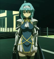  armor blue_hair breasts female highres nonaka_yuki screencap serious shinmai_maou_no_testament solo standing stitched yellow_eyes 