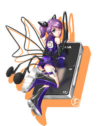  axl_(pixiv) back blue_eyes boots earphones looking_back mizugi mp3_player nokia one-piece_swimsuit purple_hair tail twintails wire 