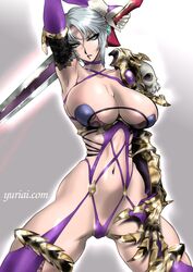  aqua_eyes arm_up armor armpits breasts cleavage commentary_request detached_sleeves female gauntlets highres holding holding_sword holding_weapon huge_breasts isabella_valentine lace lipstick makeup purple_legwear revealing_clothes short_hair shoulder_armor shoulder_guard shoulder_pads single_gauntlet skindentation skull solo soulcalibur soulcalibur_vi sword sword_behind_back thighs weapon whip whip_sword white_hair yuri_ai 