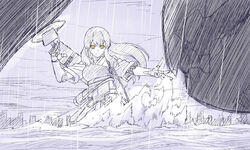  akagi_(kancolle) circular_saw commentary_request crimson_typhoon female h-new kantai_collection monochrome ocean pacific_rim parody rain saw spot_color yellow_eyes 