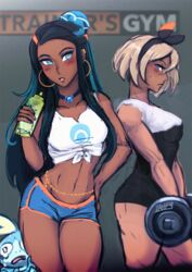  2019 2girls abs bashful bea_(pokemon) belly_chain blue_choker blue_eyes blue_highlights blush blushing crop_top dark-skinned_female dark_background dark_hair drinking ear_piercing earrings eyebrows_raised female female_only game_freak glamour glaring goddess gym gym_leader hand_on_hip hoop_earrings iahfy long_legs looking_annoyed muscular muscular_female navel necklace nessa_(pokemon) nintendo normal_breasts perspective pokemon pokemon_ss short_white_hair sobble thick_thighs thighs tied_shirt trainers training turquoise_eyes two_piece water_bottle weight weightlifting white_hair workout_clothes 