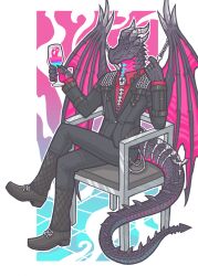  2025 4_horns 5_fingers anthro back_wings black_body black_boots black_bottomwear black_claws black_clothing black_footwear black_jacket black_pants black_scales black_tail black_topwear black_wings blue_body blue_eyes blue_scales boots bottomwear chains chair claws clothed clothed_anthro clothed_male clothing container crossed_legs cup dislyte dragon drinking_glass european_mythology finger_claws fingers footwear furniture glass glass_container glass_cup grey_horn grey_spikes hi_res holding_container holding_cup holding_drinking_glass holding_object holding_wine_glass horn horn_jewelry horn_ring jacket jewelry lilith_games male male_anthro membrane_(anatomy) multi_horn multicolored_body multicolored_scales mythological_creature mythological_scalie mythology nyles_(dislyte) outline pants pink_body pink_membrane pink_scales pink_wings red_clothing red_shirt red_topwear ring_(jewelry) scales scalie shirt shoes sitting snarkysardine solo spikes spikes_(anatomy) tail topwear two_tone_wings western_dragon white_outline wine_glass wing_spikes wings 