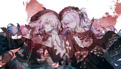  2girls beret black_hat black_jacket blood blood_splatter blue_hairband bow bug butterfly chinese_commentary collared_shirt commentary_request expressionless gothic_lolita hair_over_one_eye hairband hat heterochromia highres holding_hands impaled injury interlocked_fingers jacket jewelry jiu_sang_bu_chi_xiao_dangao jogasaki_noah lolita_fashion lolita_hairband long_hair long_sleeves looking_at_viewer lying mahou_shoujo_no_majo_saiban multi-tied_hair multicolored_hair multiple_girls natsume_an-an necklace on_back one_side_up open_mouth polka_dot polka_dot_bow purple_eyes red_butterfly red_eyes shirt sleeves_past_fingers sleeves_past_wrists smile spoilers stab streaked_hair white_hair white_shirt yellow_eyes 