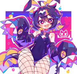  :d ahoge animal_ear_hairband animal_ears bare_shoulders black_bow black_bowtie black_hair black_pantyhose blonde_streaks blush border bow bowtie bright_pupils covered_navel cowboy_shot detached_collar detached_sleeves double-parted_bangs fake_animal_ears female fishnet_pantyhose fishnets hair_between_eyes hairband hands_up highres leotard long_sleeves looking_at_viewer multicolored_hair open_mouth original outline outside_border pantyhose pink_background pink_eyes playboy_bunny pointy_ears purple_leotard rabbit_ear_hairband rabbit_ears sharp_teeth short_hair shoulder_blush sleeves_past_fingers sleeves_past_wrists smile solo strapless strapless_leotard streaked_hair teeth uenomigi upper_teeth_only white_border white_outline white_pupils yellow_hairband 