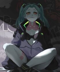  arm_support black_bra black_shoes bra breasts closed_mouth colored_sclera colored_skin commentary cyberpunk:_edgerunners cyberpunk:_edgerunners_1 cyberpunk_(series) cyborg english_commentary female graffiti green_hair grey_skin hexlaze highres indian_style jacket leg_tattoo lipstick long_sleeves looking_at_viewer makeup mechanical_eyes neck_tattoo partially_unzipped pink_tattoo puffy_long_sleeves puffy_sleeves purple_jacket purple_lips rebecca_(cyberpunk) red_eyes red_sclera shade shoes sitting skin_seams sleeves_past_wrists small_breasts smug sneakers solo tattoo twintails underwear 