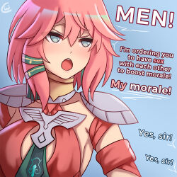  ! :o alexandra_tamsanqa armor assertive_female blue_background blush breasts ciderwrath circlet cleavage_cutout clothing_cutout commentary english_commentary english_text female fire_emblem fire_emblem:_fortune's_weave fujoshi green_eyes hair_between_eyes implied_yaoi jewelry looking_ahead medium_breasts open_mouth pauldrons pink_hair serious short_hair shoulder_armor sideboob solo teeth upper_body v-shaped_eyebrows 