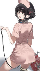  artist_name ass astrae_oratio black_collar black_hair brown_eyes collar commentary dress ev_(dai00888) female from_behind haibara_nono hat highres holding_own_leash looking_at_viewer looking_back nurse_cap pink_dress pink_hat simple_background solo white_background 