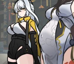  ... 2girls arutemisu180 big_belly black_gloves black_unitard breasts brown_hair chinese_clothes closed_mouth commentary covered_navel dress elbow_gloves english_commentary game_screenshot_background gloves grey_hair hair_between_eyes jacket large_breasts leg_tattoo long_hair looking_at_another mole mole_on_breast multiple_girls pregnant qipao screenshot_background tattoo white_dress ye_shunguang yellow_eyes yellow_jacket yixuan_(zenless_zone_zero) zenless_zone_zero 