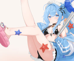  absurdres anchor_(innocent_maid)_(nikke) anchor_(nikke) ass bandaid bandaid_on_foot bikini black_bikini blue_eyes blue_hair blue_jacket breasts byomssui closed_mouth commentary female frilled_bikini frills front-tie_bikini_top front-tie_top goddess_of_victory:_nikke hair_intakes hair_ornament highres holding holding_tongs jacket legs_up long_hair looking_at_viewer maid maid_bikini maid_headdress medium_breasts official_alternate_costume official_alternate_hairstyle open_clothes open_jacket pink_sandals ponytail sandals simple_background starfish starfish_hair_ornament swimsuit tongs unconventional_maid unzipped white_background 