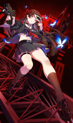 abstract_background absurdres akira_(5888172) black_hair black_jacket black_serafuku black_shirt black_skirt black_socks chisa_(wuthering_waves) commentary_request crop_top female full_body glock gun hair_ribbon handgun highres holding holding_gun holding_mask holding_weapon jacket long_hair mask midriff navel neckerchief parted_lips persona persona_5 red_eyes red_neckerchief red_ribbon ribbon sailor_collar school_uniform serafuku shirt skirt socks solo weapon white_sailor_collar wuthering_waves 