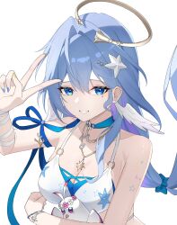  absurdres animal bikini bird breasts cleavage commentary female halo head_wings highres holding holding_animal holding_bird honkai:_star_rail honkai_(series) jewelry large_breasts long_hair looking_at_viewer necklace nicel official_alternate_costume robin_(honkai:_star_rail) robin_(summeretto)_(honkai:_star_rail) simple_background smile solo starfish swimsuit upper_body very_long_hair white_background white_bikini white_wings wings 