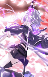  absurdres asymmetrical_legwear bare_shoulders commentary english_commentary female frilled_thighhighs frills from_side garter_straps hair_ornament hairclip highres holding holding_sword holding_weapon hololive hololive_english jacket jacket_partially_removed katana knees_out_of_frame koseki_bijou midriff_peek miniskirt multiple_hairclips purple_hair purple_jacket sheath shirt shoes single_garter_strap skirt solo sword tatsunami1379 thighhighs unsheathing virtual_youtuber weapon 