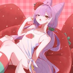  absurdres ahoge animal_ears bandaid bandaid_on_knee bandaid_on_leg bare_shoulders beret blue_eyes bracelet commentary_request cone_hair_bun double_bun female food food_print fox_ears fox_girl fox_tail fruit fruit_print green_socks hair_bun hair_intakes hat heterochromia highres jewelry kneehighs korean_commentary long_hair multicolored_hair oerba_yun_fang open_mouth purple_hair purple_tail red_hat red_socks shirt smgoodaa socks solo stellive strawberry strawberry_print streaked_hair striped_clothes striped_socks tail tank_top tenko_shibuki tied_shirt two-tone_tail very_long_hair virtual_youtuber white_streaks white_tail white_tank_top yellow_eyes 