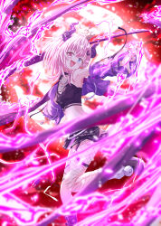  :d absurdres armpits asymmetrical_footwear asymmetrical_legwear belt belt_buckle black_nails black_shirt black_shoes black_skirt buckle commentary_request commission crop_top crown female fishnets frilled_jacket frills from_side heterochromia highres horns horseshoe_hair_ornament indie_virtual_youtuber jacket jacket_partially_removed looking_to_the_side medium_hair microskirt mini_crown navel pink_eyes purple_jacket shirt shoes skeb_commission skirt sleeveless smile solo stomach tatsunami1379 unitaro virtual_youtuber white_belt 