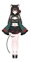  absurdres animal_ear_fluff animal_ears aqua_eyes bare_legs bare_shoulders bead_necklace beads belt bilingual_commentary black_hair black_shoes black_skirt blush breasts cat_ears cat_girl cat_tail cleavage cleavage_cutout closed_mouth clothing_cutout commentary_request crop_top detached_sleeves eyeshadow female flower_knot frilled_skirt frilled_sleeves frills full_body green_shirt hair_bun hair_ornament highres indie_virtual_youtuber jewelry korean_commentary large_breasts long_hair long_sleeves looking_at_viewer makeup midriff miniskirt mixed-language_commentary mole mole_on_breast mole_on_stomach mole_under_each_eye mole_under_eye multiple_moles necklace red_eyeshadow shirt shoes side_up_bun simple_background single_side_bun skirt sleeveless sleeveless_shirt sleeves_past_fingers sleeves_past_wrists smile solo stomach suisen_(suisenhwa) tachi-e tail tassel tassel_hair_ornament thigh_strap thighs virtual_youtuber white_background wide_sleeves zipper 