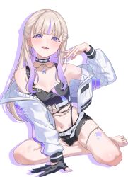  absurdres arm_strap barefoot black_collar black_sports_bra blonde_hair blunt_bangs collar colored_inner_hair commentary_request cropped_jacket earrings female flat_chest full_body gloves gradient_hair hand_up highleg highleg_panties highres hololive hololive_dev_is jacket jewelry long_hair long_sidelocks looking_at_viewer multicolored_hair navel off_shoulder official_alternate_costume official_alternate_hairstyle open_mouth panties panty_straps pendant_collar purple_eyes purple_hair purple_streaks shorts sidelocks simple_background single_glove sitting solo sports_bra star_pendant stomach streaked_hair thighlet toa_inusuki todoroki_hajime todoroki_hajime_(black_aurora) toes tongue tongue_out torn_clothes torn_shorts underwear virtual_youtuber white_background white_jacket yokozuwari 