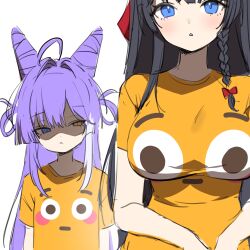 2girls absurdres ahoge animal_ears black_hair blue_eyes bow braid breast_envy breasts closed_mouth cone_hair_bun double_bun flat_chest flushed_face_emoji_shirt_(meme) fox_ears fox_girl hair_bun hair_ears hair_intakes hair_rings hairbow heterochromia highres kkochmanyeo large_breasts light_blush long_hair looking_at_breasts looking_at_viewer meme multicolored_hair multiple_girls parted_lips purple_hair red_bow shaded_face shirayuki_hina shirt simple_background single_braided_sidelock stellive streaked_hair tenko_shibuki virtual_youtuber white_background white_streaks yellow_eyes yellow_shirt 