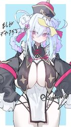  absurdres astral_party black_sleeves blue_hair braid braided_hair_rings breast_curtains breasts commentary_request cowboy_shot cross-shaped_pupils female fish_skeleton_hair_ornament haiqing_(astral_party) haiqing_(jiangshi)_(astral_party) hair_ornament hair_rings hat highres jiangshi_costume large_breasts looking_at_viewer ofuda ofuda_on_head pelvic_curtain purple_eyes qingdai_guanmao sleeves_past_fingers sleeves_past_wrists solo symbol-shaped_pupils translation_request twitter_username xuhito_(kyoukonohito0) 