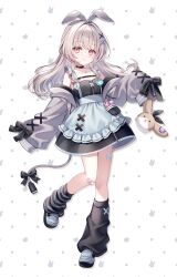  :3 apron bandaid bandaid_on_knee bandaid_on_leg black_dress black_leg_warmers black_ribbon blonde_hair bow character_name closed_mouth commentary_request dress female frilled_apron frills full_body grey_bow grey_jacket grey_shoes hairbow highres holding jacket leg_up leg_warmers long_hair long_sleeves name_tag nanahi_(voisona) official_art open_clothes open_jacket pink_eyes ribbon second-party_source shoes sleeves_past_fingers sleeves_past_wrists solo tail voisona waist_apron wasabi_(sekai) white_apron 