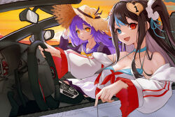  2girls :d :o absurdres blue_eyes bow bowtie breasts brown_hair car car_interior chinese_commentary cleavage collarbone commentary_request dress driving fibonacci_no_usagi hat heterochromia highres honkai_(series) honkai_gakuen jacket large_breasts ling_yi_(honkai_gakuen) long_hair looking_at_viewer motor_vehicle multiple_girls oerba_yun_fang open_mouth outdoors purple_hair purple_jacket purple_serafuku red_eyes school_uniform serafuku side_ponytail sirin skin_fang sky smile steering_wheel sun_hat sunset white_dress white_jacket yellow_bow yellow_bowtie yellow_eyes yellow_sky 