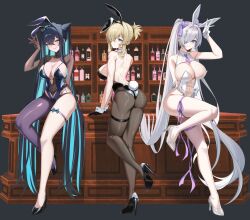  3girls absurdres alternate_costume animal_ear_hairband animal_ears aqua_hair ass backless_leotard black_hair black_hairband black_pants black_shoes blonde_hair blue_eyes breasts cinderella_(nikke) cleavage closed_mouth colored_inner_hair commentary cone_hair_bun fake_animal_ears fake_tail full_body gloves goddess_of_victory:_nikke grave_(nikke) hair_between_eyes hair_bun hair_over_one_eye hairband hand_up high_heels highres large_breasts leg_up leotard little_mermaid_(nikke) multicolored_hair multiple_girls pants playboy_bunny rabbit_ear_hairband rabbit_ears rabbit_tail scar shoes single_leg_pantyhose tail untranslatable_commentary white_gloves white_hair white_shoes white_wrist_cuffs wrist_cuffs yt9676 