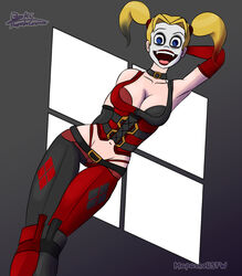  1girls batman:_arkham_city batman_(series) belly_button blonde_hair breasts cleavage clown dc dc_comics female female_only fully_clothed harley_quinn harley_quinn_(arkham_city) legs makeup mapashonsfw necklace neckline solo thick_thighs white_body white_skin 