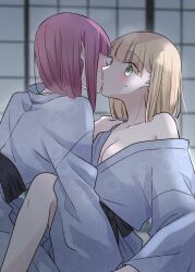  2girls 66ta1yak1 between_legs blonde_hair blue_kimono blush breasts cleavage commentary_request green_eyes hand_on_another&#039;s_shoulder highres holding indoors japanese_clothes kimono kissing long_hair medium_breasts multiple_girls off_shoulder original purple_hair shouji sliding_doors sweatdrop yuri 