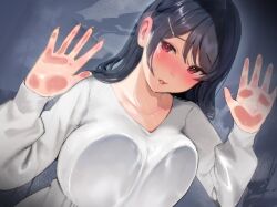  against_glass black_hair blush breast_press breasts breasts_on_glass commentary_request female highres inushima large_breasts long_hair long_sleeves looking_at_viewer nose_blush open_mouth original red_eyes shirt solo steam sweat upper_body white_shirt 