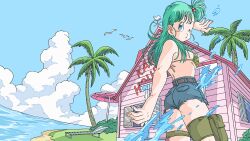  aqua_hair artist_request beach_chair beach_umbrella bird blue_eyes blue_shorts blue_sky breasts bulma_briefs camouflage_bikini_top check_artist cloud cutoffs day dragon_ball dragon_ball_(classic) dragon_ball_xenoverse female fenyon floating_hair from_behind from_below game_cg highres holster island kame_house loading_screen long_hair looking_back looking_to_the_side medium_breasts ocean official_alternate_costume official_art official_wallpaper one_eye_closed palm_tree parted_lips short_shorts short_sidetail shorts side_ponytail sideboob sky solo thigh_holster third-party_source tree umbrella water wiping_forehead 