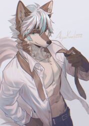  2024 akiya-kamikawa anthro belt brown_body brown_fur canid canine claws clothed clothing countershade_face countershade_fur countershade_torso countershading fingers fur hair hi_res kemono male mammal necktie open_clothing open_shirt open_topwear shirt solo topwear 