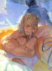  2boys arm_up bara bare_shoulders beach beach_umbrella biceps blonde_hair blue_eyes blue_sky bracelet character_request cloud commentary crossed_arms granblue_fantasy hair_between_eyes innertube jewelry kshbjb3bppui9om looking_at_viewer lying male_focus male_swimwear multiple_boys nipples ocean on_stomach one-piece_swimsuit pectorals shirt short_sleeves sky smile solo_focus striped_innertube summer swim_ring swimsuit teeth towel towel_on_head umbrella upper_teeth_only vane_(granblue_fantasy) wavy_hair white_shirt 