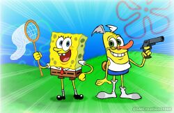  blue_eyes crossover duo gmcreations1000 grass gun happy hi_res holding_gun holding_object holding_ranged_weapon holding_weapon male male/male marine nickelodeon plant ranged_weapon sea_sponge sockbat_(species) spongebob_squarepants spongebob_squarepants_(character) weapon wooldoor_sockbat 