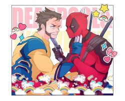  2boys aiming beard border brown_hair claws clenched_hand clenched_teeth copyright_name deadpool deadpool_&amp;_wolverine deadpool_(series) eye_contact facial_hair gun gun_to_head hand_on_another&#039;s_wrist heart holding holding_gun holding_weapon impaled leg_lock looking_at_another male_focus marvel mask mr_mofmof multicolored_clothes multiple_boys narrowed_eyes no_pupils rainbow red_mask sitting spandex stab sticker superhero_costume sword sword_on_back teeth unicorn upper_body violence weapon weapon_on_back white_border white_eyes wolverine_(x-men) x-men 