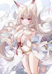  absurdres animal_ear_fluff animal_ears bare_shoulders blonde_hair breasts bridal_garter cleavage cleavage_cutout clothing_cutout covered_navel dress female finger_to_mouth floating_hair fox_ears grin hand_up highres large_breasts long_hair looking_at_viewer no_panties original pelvic_curtain purple_eyes sash sleeveless sleeveless_dress smile solo thighs very_long_hair white_dress yukineko1018 