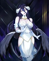  absurdres albedo_(overlord) artist_name black_hair breasts bright_pupils dress english_commentary female gloves hair_between_eyes highres hip_vent horns insomnilin light_frown long_hair looking_at_viewer low_wings medium_breasts open_hands overlord_(maruyama) solo strapless strapless_dress very_long_hair white_dress white_gloves white_pupils wings yellow_eyes 