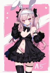  animal_ears arm_up bandaid bandaid_on_face black_bow black_bowtie black_dress black_sleeves body_writing border bow bowtie breasts detached_collar detached_sleeves dress expressionless fake_animal_ears female frilled_dress frills hairband hairbow headband heart highres long_hair navel original pink_eyes pink_hair rabbit_ears sakura_mikan_(chirizakura) small_breasts solo stomach tally twintails white_border white_hairband white_headband 