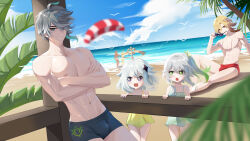  +_+ 2boys 2girls alhaitham_(genshin_impact) anjingxiang aqua_eyes beach black_male_swimwear blonde_hair bulge closed_mouth crossed_arms dress genshin_impact gradient_hair green_eyes green_hair grey_hair hair_between_eyes hair_ornament hair_over_one_eye halo highres kaveh_(genshin_impact) long_hair looking_at_viewer male_focus male_swimwear multicolored_hair multiple_boys multiple_girls muscular muscular_male nahida_(genshin_impact) navel nipples ocean open_mouth paimon_(genshin_impact) pointy_ears red_eyes red_male_swimwear short_hair side_ponytail smile stomach sunglasses topless_male unworn_eyewear white_dress white_hair yellow_dress 