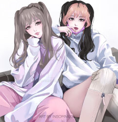  2girls aegyo_sal artist_name black_shorts boots brown_eyes brown_hair deviantart_logo eyeshadow highres hood hood_down hoodie insomnilin long_hair looking_at_viewer makeup mask mask_around_neck multicolored_hair multiple_girls original pants parted_lips pink_eyeshadow pink_pants pink_sweater red_lips shorts sleeves_past_wrists smile sweater thighhighs thighs twintails two-tone_hair watermark web_address white_footwear white_hoodie white_thighhighs 