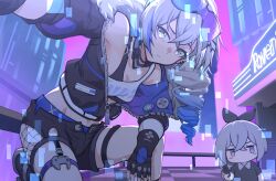  2girls absurdres black_choker black_gloves black_jacket black_shorts blue_hair chibi choker crop_top drill_hair dual_persona eyewear_on_head fingerless_gloves gloves gradient_hair grey_eyes grey_hair highres honkai:_star_rail honkai_(series) jacket long_hair looking_at_viewer midriff multicolored_hair multiple_girls shirt short_shorts shorts silver_wolf_(honkai:_star_rail) single-shoulder_shirt sunglasses thigh_strap white_shirt youya_de_putongren_lei 